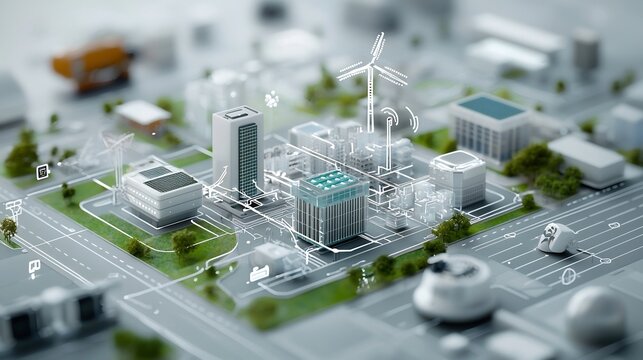 Conceptual smart city with a sustainable energy grid system utilizing renewable sources like solar wind and hydroelectric power