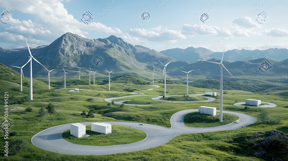 Poster futuristic cityscape with skyscrapers and infrastructure powered by smart grids renewable energy sou