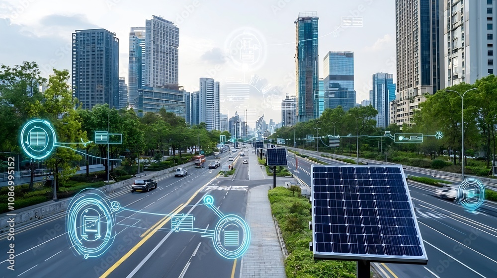 Aufkleber innovative smart city landscape featuring a modern urban skyline powered by a sophisticated clean en