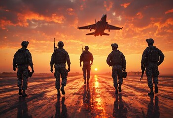 Silhouettes of soldiers walking on a wet runway at sunset, with a fighter jet taking off in the background. Military teamwork and aviation concept.