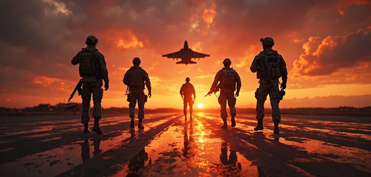 Silhouettes of soldiers walking on a wet runway at sunset, with a fighter jet taking off in the background. Military teamwork and aviation concept.