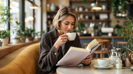 a mid-aged woman sitting at a table in a cafe, reading a book and sipping coffee.