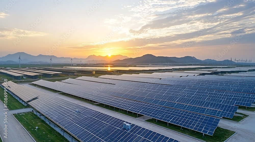 Poster 3D rendering of a renewable energy facility equipped with smart grid technology energy storage systems and advanced management solutions showcasing a clean efficient
