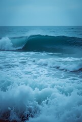 Fototapeta premium Blue sea with strong waves, high waves close up