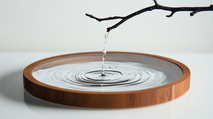 A drop of water falls from a branch in a plate, creating ripples.