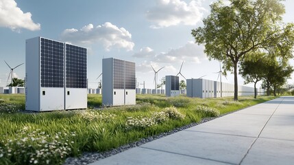 Naklejka premium Innovative smart grid technology powered by renewable energy sources and efficient battery storage systems enabling green energy management and optimization in modern urban cities and infrastructures