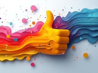 illustration showcases colorful thumbs up icon filled energetic motion lines white background. design emphasizes enthusiasm and positivity its bold colors.