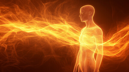Abstract glowing energy lines radiating from a human silhouette, symbolizing vitality, health, and the inner power of life force.