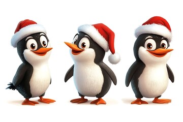 Fototapeta premium Three cute cartoon penguins wearing christmas hats celebrating christmas festivities