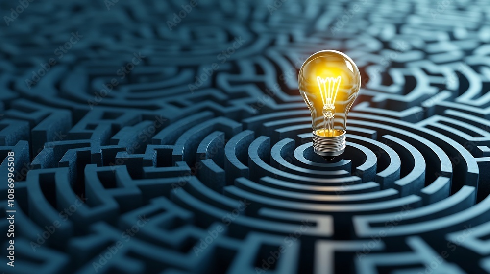 Leinwandbilder glowing light bulb in the center of a geometric maze on a dark blue background symbolizing creativit