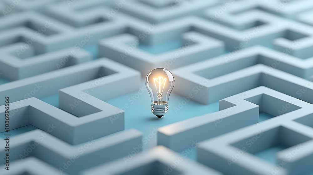 Poster Close up view of a minimalist maze design with a bright light bulb at the exit set against a blue and white background representing the concept of breakthroughs problem solving and idea