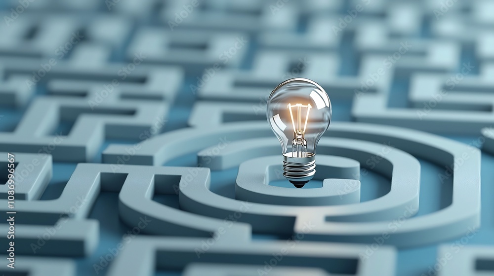 Poster Close up image of a maze design with a shining light bulb at the exit set against a vibrant blue and white background symbolizing the concept of breakthroughs problem solving and creative idea