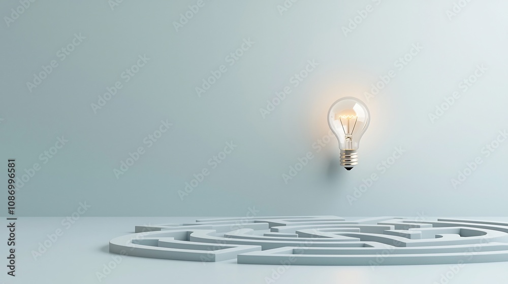 Poster Maze with a bright light bulb at the exit on a blue and white background representing a metaphor for breakthroughs idea the pursuit of solutions to challenges