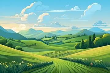 Obraz premium A Fantasy landscape a glacier island, snow, fairy illustration, nature, vector, background, hill, sky, mountain, tree, environment, horizon, summer, blue, forest, landscape - scenery, horizontal,