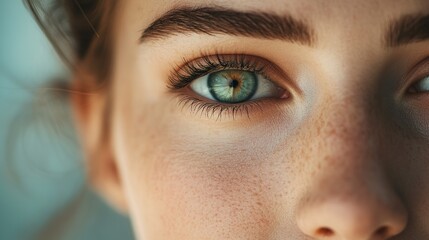 Obraz premium Captivating Close-Up of a Young Woman's Eye Showcasing Unique Freckles, Vibrant Iris, and Natural Beauty Under Soft Lighting