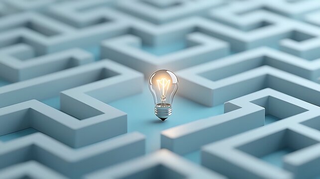 Close up view of a minimalist maze design with a bright light bulb at the exit set against a blue and white background representing the concept of breakthroughs problem solving and idea