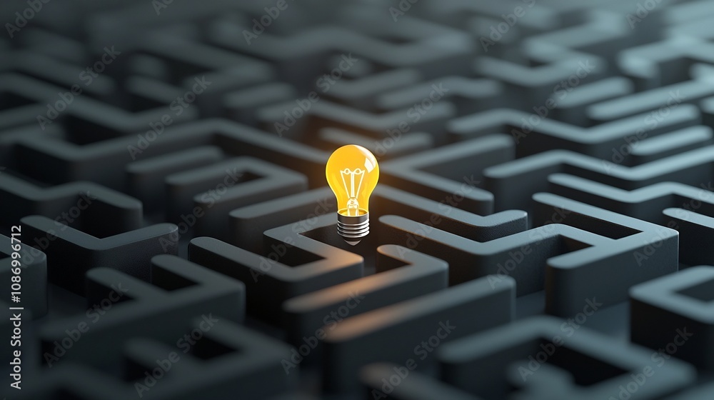 Poster Generative Concept with Glowing Light Bulb at the Heart of a Labyrinth on Black Gold Background Representing Innovation and Creative Thinking
