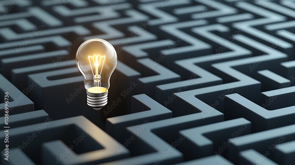 Aufkleber Generative Concept with Glowing Light Bulb at the Heart of a Labyrinth on a Black and Gold Background Representing Innovation and Creative Thinking