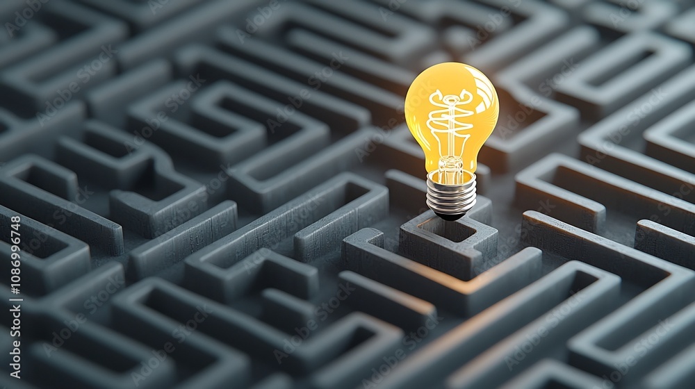 Poster Generative Concept with Glowing Light Bulb at the Heart of a Labyrinthine Design on a Striking Black and Gold Background Representing Innovation Creativity and the Unleashing of Potential