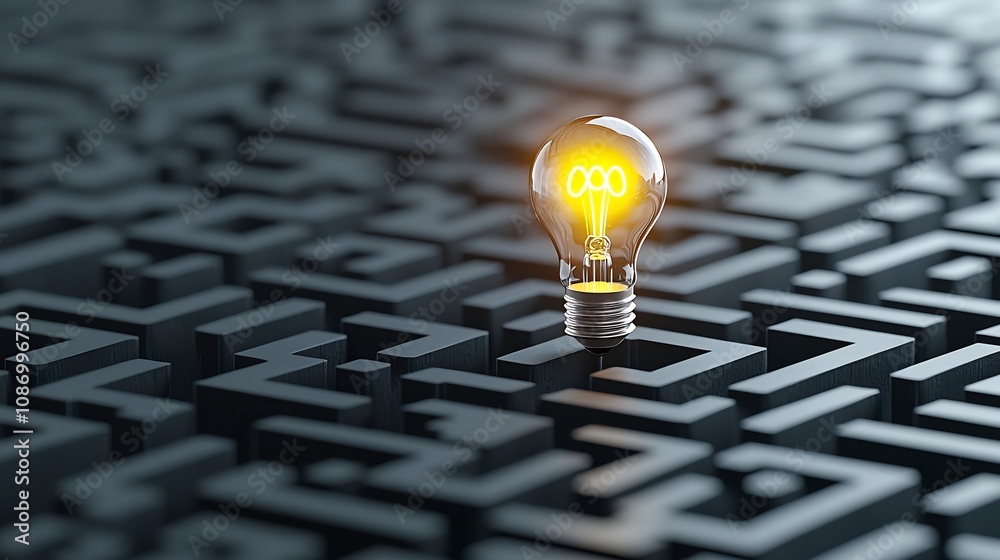 Poster Glowing light bulb at the heart of a complex labyrinth on a black and gold background representing the concept of generative and its potential to inspire creative thinking and innovation