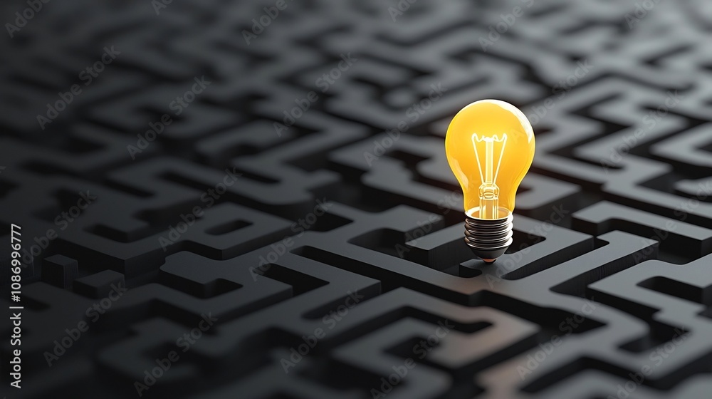 Poster Glowing Light Bulb at the Heart of a Labyrinth on a Dramatic Black and Gold Background Symbolizing the Concepts of Generative AI Creativity and Innovative Thinking