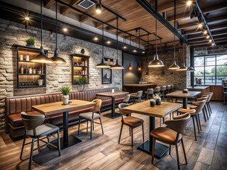 Modern Industrial Cafe Seating Area Featuring Stylish Bar Tables and Chairs Against a Stone Wall with Wood Accents and Black Steel Elements for Contemporary Interior Design