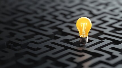 Glowing Light Bulb at the Heart of a Labyrinth on a Dramatic Black and Gold Background Symbolizing the Concepts of Generative AI Creativity and Innovative Thinking