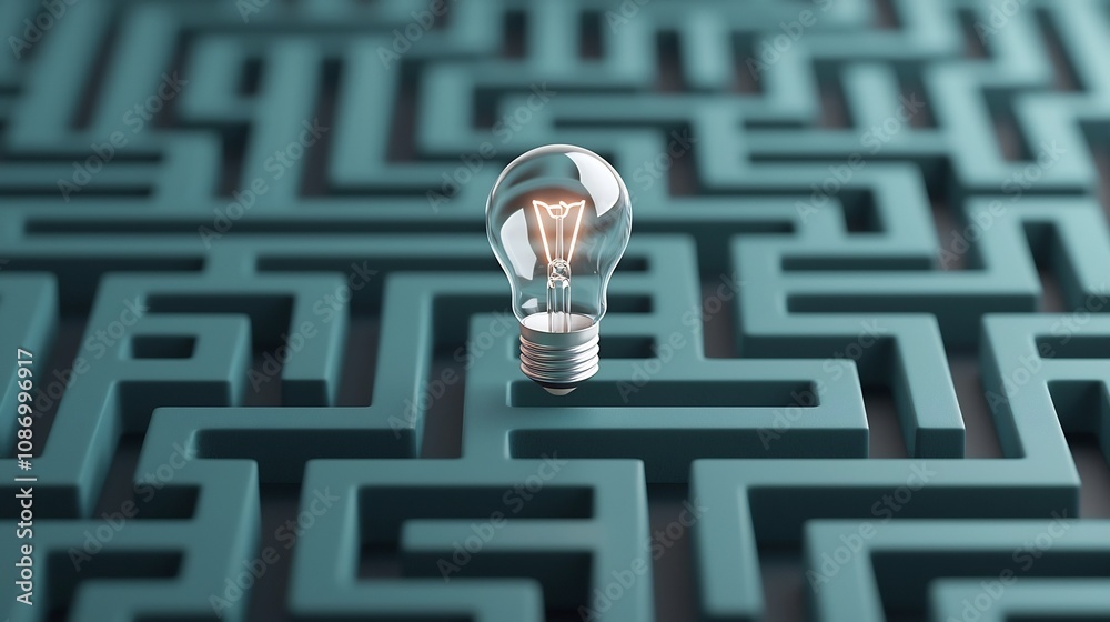 Poster A glowing light bulb at the center of a dark intricate maze on a green background representing the spark of innovation and the process of discovering new ideas through challenges and problem solving
