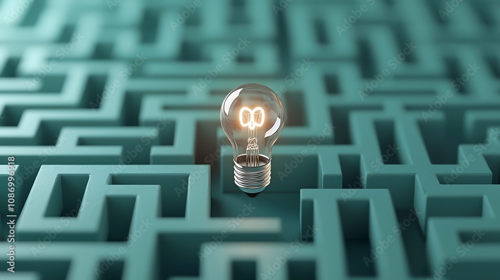 Poster Glowing Light Bulb at the Center of a Labyrinthine Maze on a Dark Green Background Representing the Process of Innovation and the Discovery of New Ideas through and Problem Solving