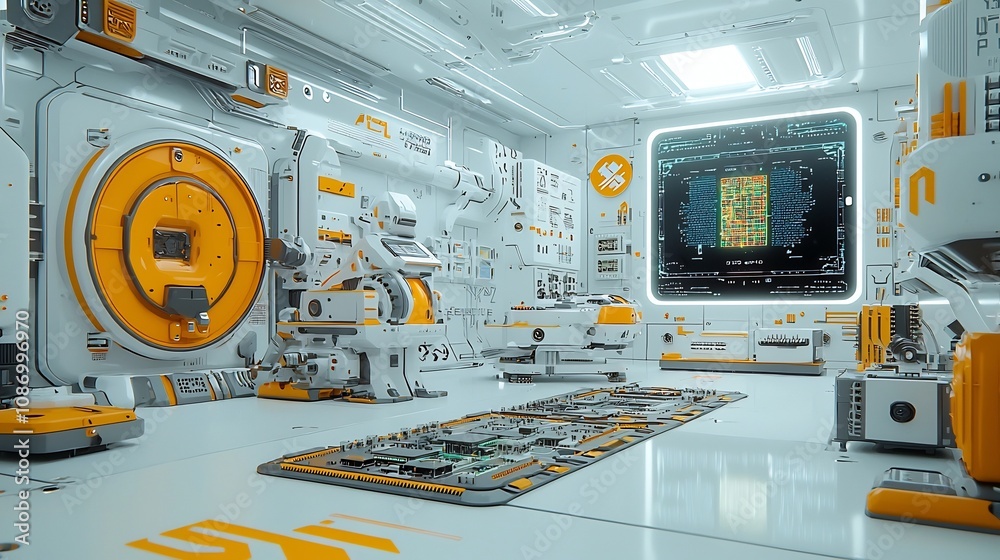 Aufkleber futuristic technician carefully maintaining and inspecting streamlined energy storage units surround