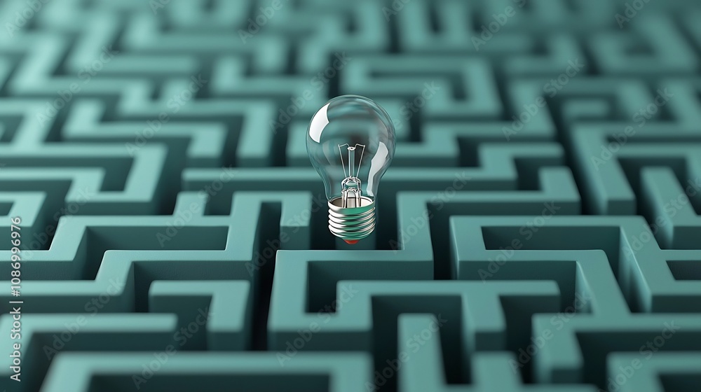 Poster Glowing light bulb at the center of a complex dark green maze background representing the concept of innovation idea discovery and problem solving