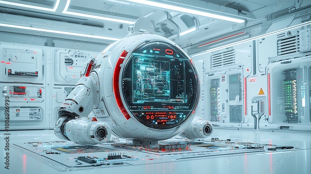 Poster technician in a sleek modern industrial workspace tending to streamlined energy storage units and a 