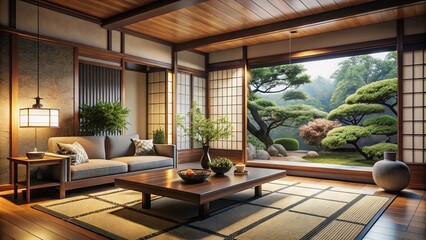 Fototapeta premium Modern Japanese Living Room Interior Design Featuring Minimalist Aesthetics, Natural Light, and Serene Color Palette for a Tranquil Atmosphere in a Contemporary Setting