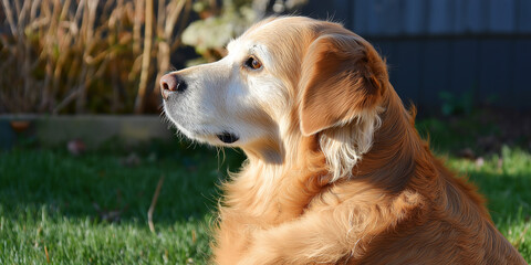 A golden retriever peacefully lying in the grass during sunset, with a thoughtful gaze, exuding wisdom and calmness in nature.