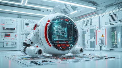 technician in a sleek modern industrial workspace tending to streamlined energy storage units and a holographic interface surrounded by intricate circuit boards and high tech equipment