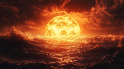 Large, fiery sun setting over choppy ocean waves.