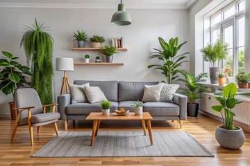Modern Minimalist Living Room Featuring a Gray Sofa Surrounded by Lush Indoor Plants Bathed in Natural Light Creating an Inviting and Serene Atmosphere for Contemporary Spaces