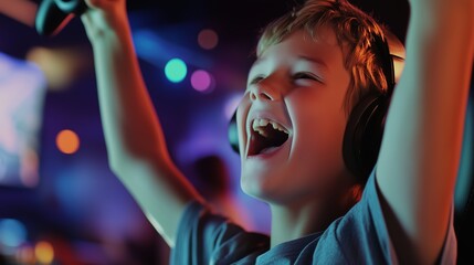 A young boy wearing headphones and holding a controller celebrates a victory while playing a video game in an arcade