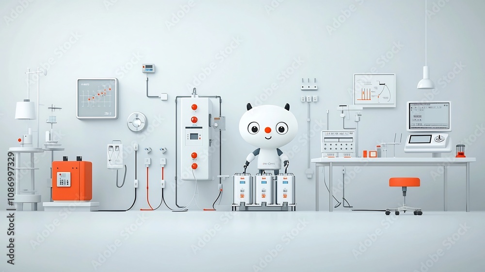 Poster Cartoon Mascot Maintaining Smart Grid Monitoring Station With Pulsating Power Flow in Clean Laboratory Environment  The image depicts a friendly cartoon character overseeing a minimalist