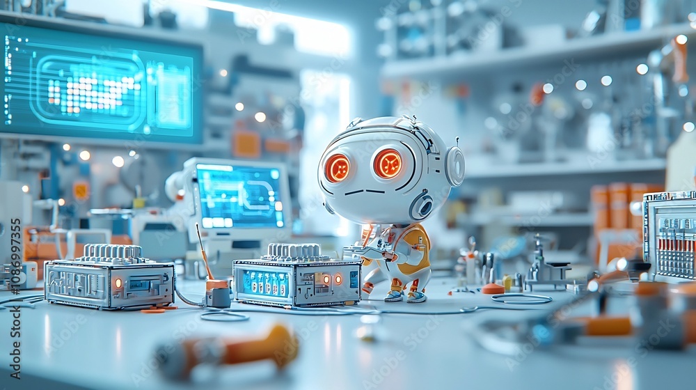 Poster Whimsical cyborg engineer working in a retro futuristic workshop examining and tinkering with compact energy storage modules and pulsing energy conduits for an interactive data visualization system