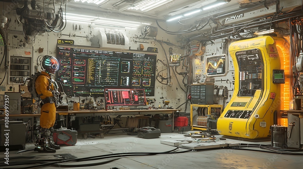 Poster Whimsical cyborg engineer working in a retro futuristic workshop tinkering with compact energy storage modules and interactive data visualization displays showcasing pulsing energy conduits