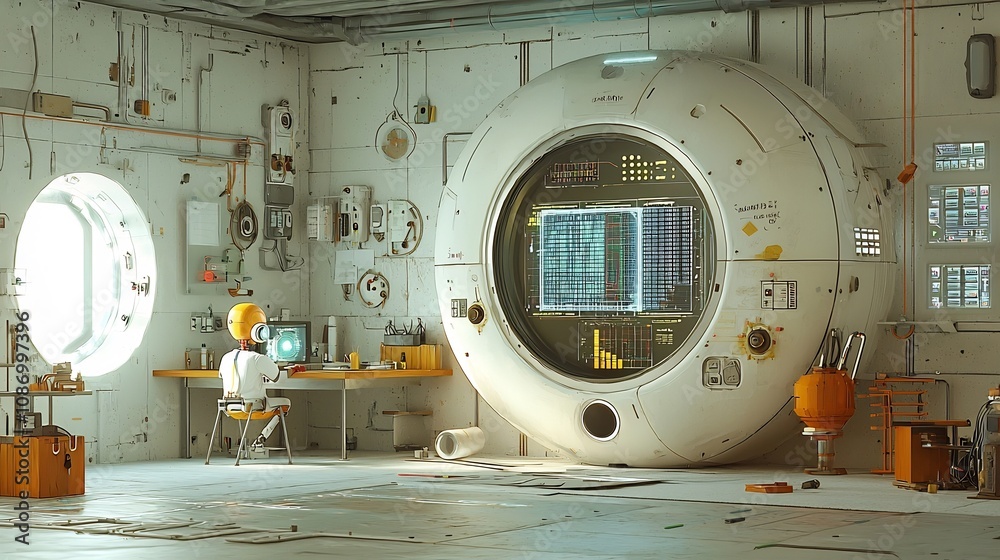 Aufkleber Whimsical cyborg engineer working in a retro futuristic workshop interacting with compact energy storage modules and pulsing energy conduits powering an interactive data visualization display