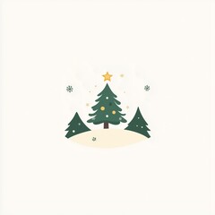 Fototapeta premium Simple shapes and lines of a Christmas tree on top of a hill with snowflakes around it.