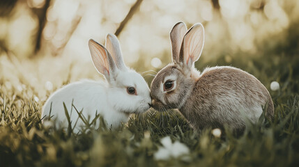 Obraz premium Two rabbits sitting closely in the grass, one white and one brown, with a gentle spring light creating a warm and natural mood.