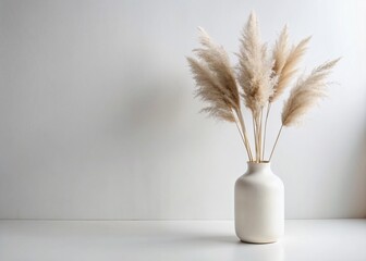 Modern White Ceramic Vase with Pampas Grass on White Background, Perfect for Aesthetic Scandinavian Interior Decor and Accessories, Ideal for Minimalist Home Styling