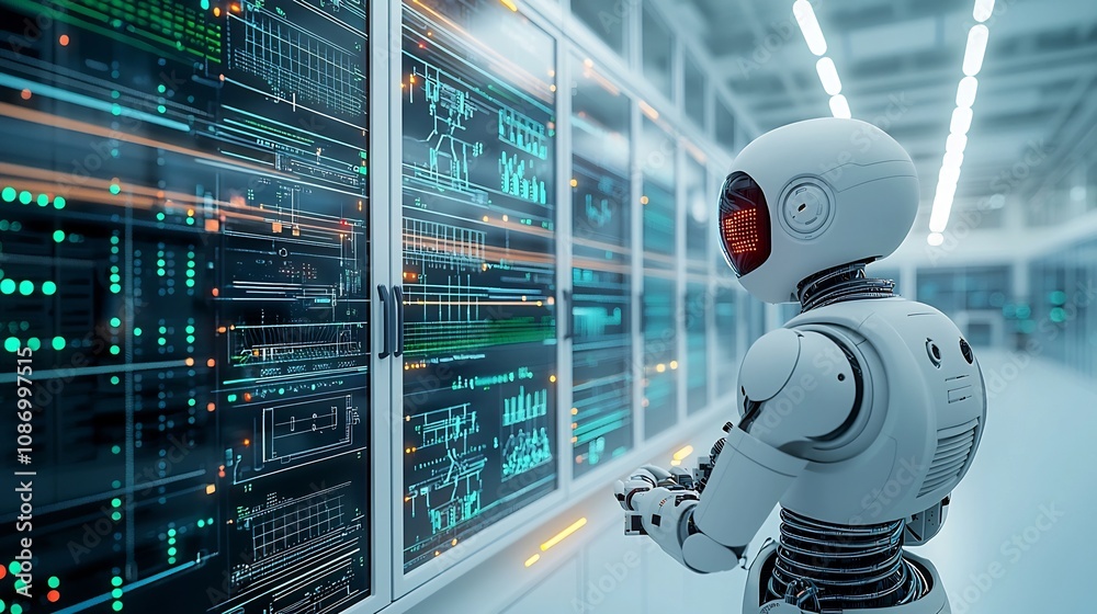 Leinwandbilder A friendly AI powered automaton overseeing the of a smart energy grid scalable data storage arrays and real time data visualization displays in a modern tech forward laboratory setting