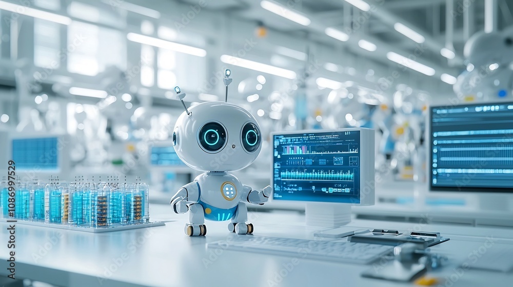 Poster A friendly robotic figure overseeing a futuristic technologically advanced smart grid system with scalable storage arrays dynamic data displays