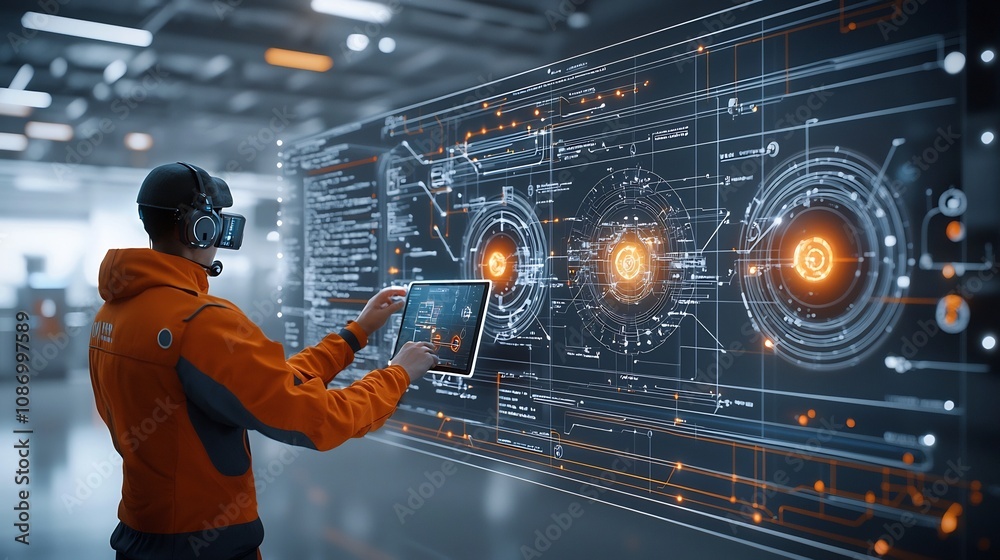 Fototapete Technician Manages Futuristic Energy Network with Sleek Touchscreen Controls and Radiant Orbs  Simplified power converters utilitarian industrial space and advanced data analytics create an efficient