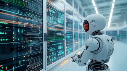 A friendly AI powered automaton overseeing the of a smart energy grid scalable data storage arrays and real time data visualization displays in a modern tech forward laboratory setting