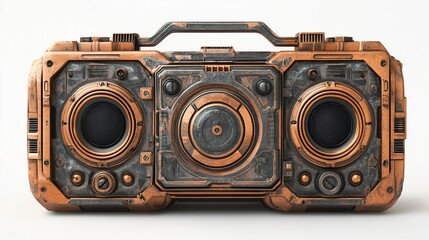A futuristic boombox with a copper and black finish.